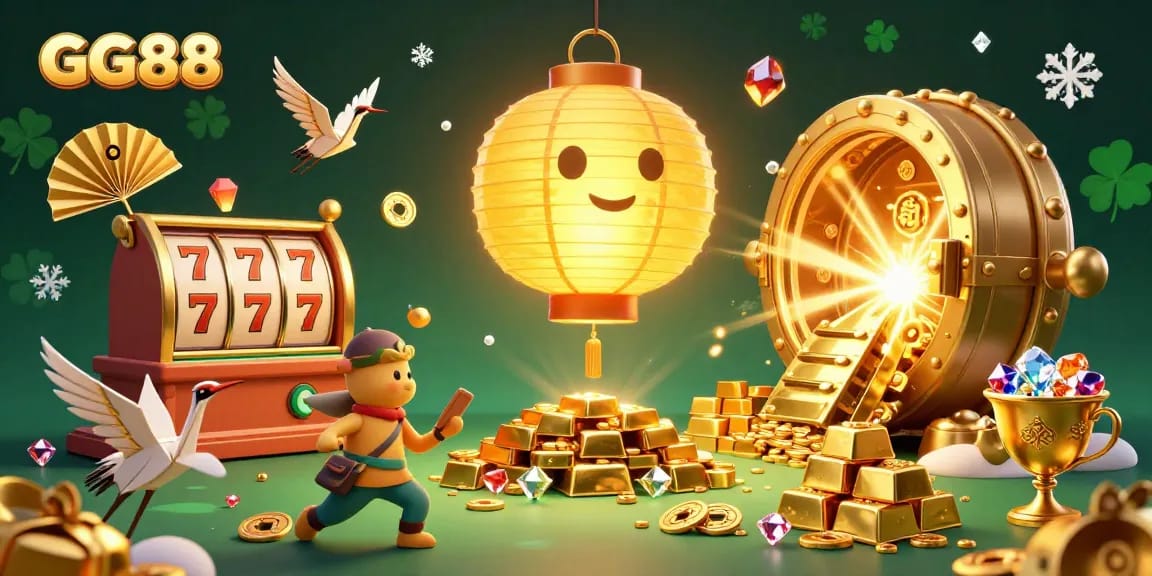 Experience big wins with GG88's vibrant casino scene showcasing thrilling slot games and treasures.