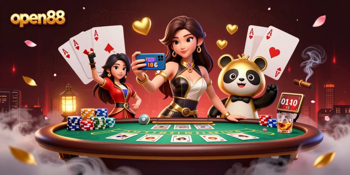 Experience thrilling action at open88 with an Asian woman enjoying casino games alongside a lively panda mascot.