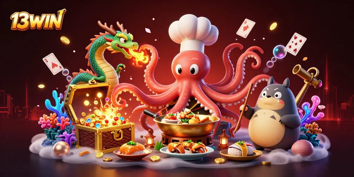 Engage with thrilling games at 13WIN, featuring dynamic 3D scenes of exciting casino life surrounded by treasures.