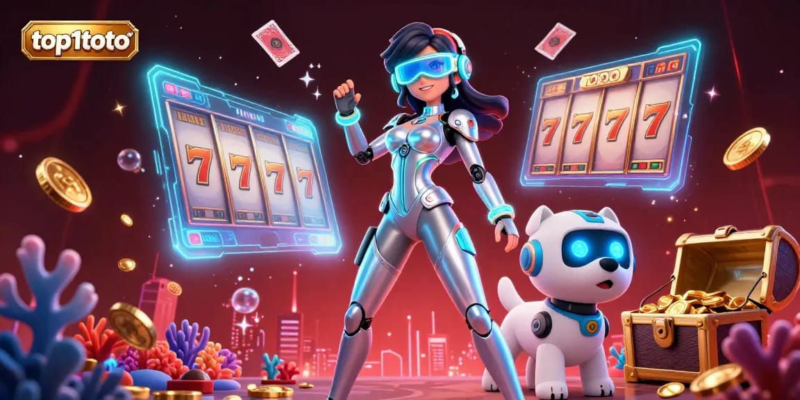 Engage with top1toto's dynamic gaming experience featuring vibrant slot elements and holographic visuals.