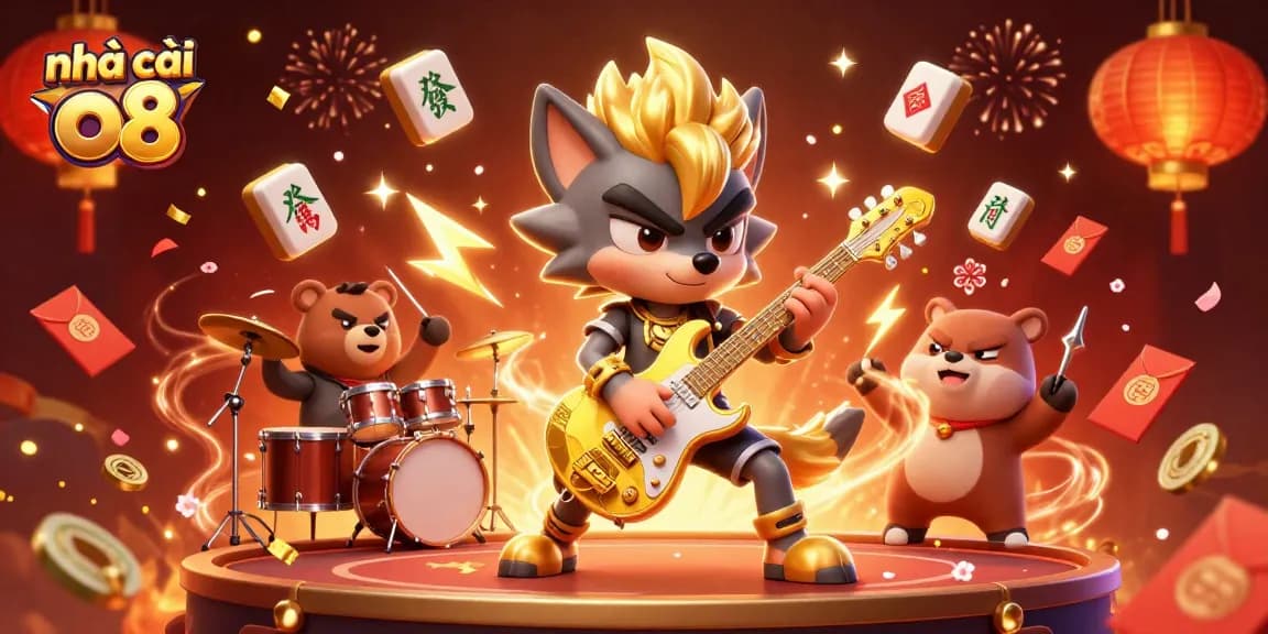 Bettors engage with nhà cái o8 in vibrant, lively casino atmosphere with a cartoon wolf and bear.