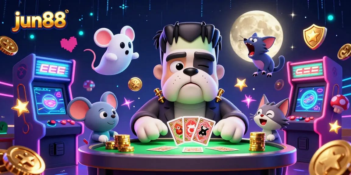 Experience exciting gameplay at jun88 with a lively casino scene featuring a unique Frankenstein dog dealer and vibrant game elements.