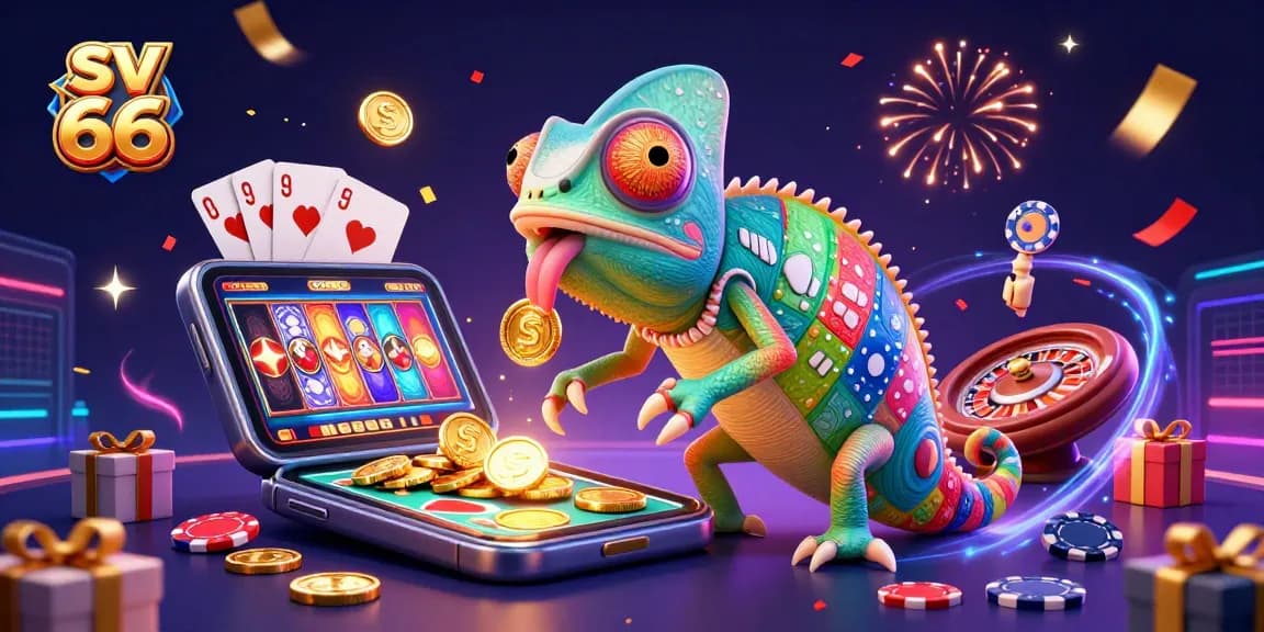Create a winning strategy with sv 66, featuring a colorful casino scene with games and prizes for engaged gamblers.