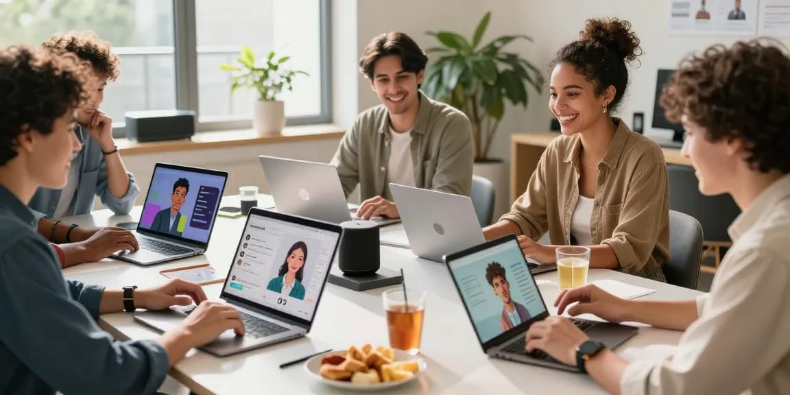 Diverse users engaging with CrushOn AI characters in a vibrant workspace