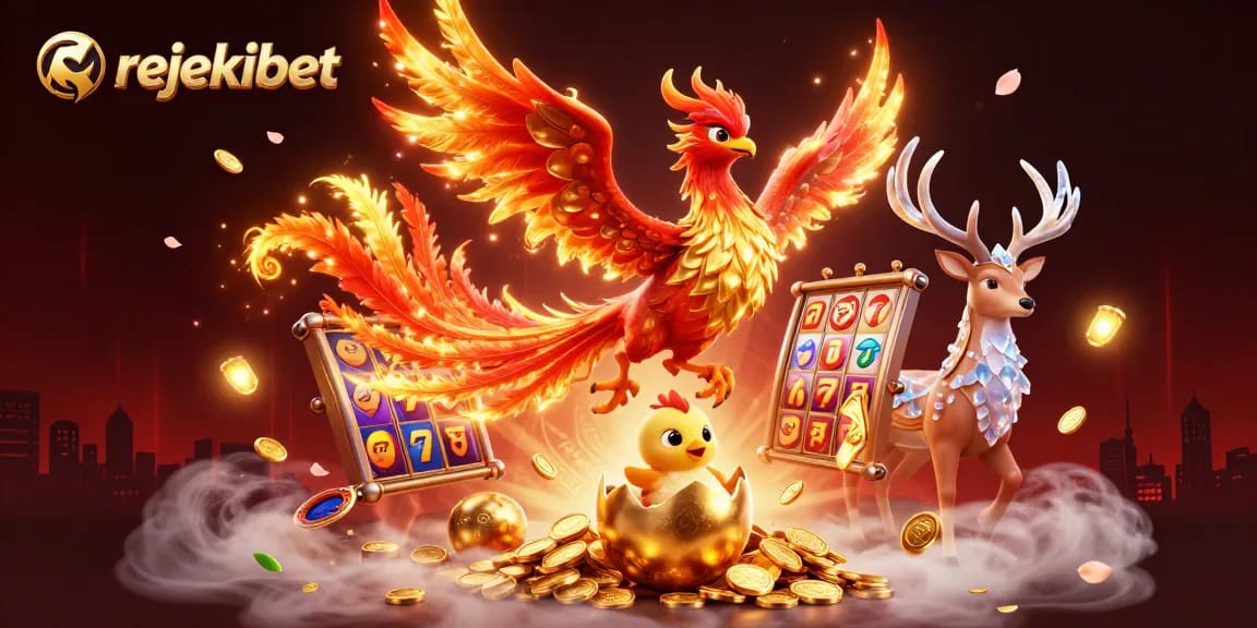 Experience thrilling wins with rejekibet, featuring slots and a phoenix in a vibrant casino scene.