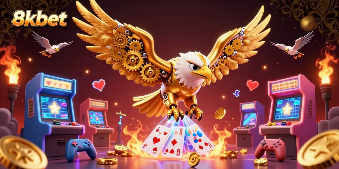 Experience thrilling gaming action with 8kbet, featuring a golden eagle soaring through vibrant casino elements.