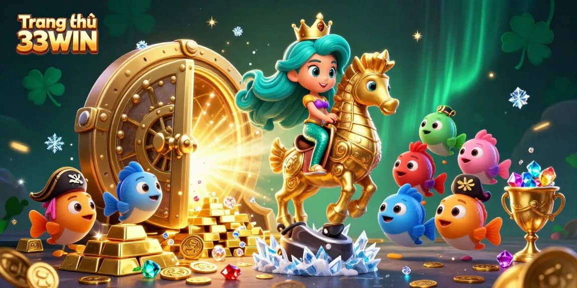 Engage with the thrilling world of Trang chủ 33WIN through a vibrant casino-themed 3D illustration showcasing exciting treasures.