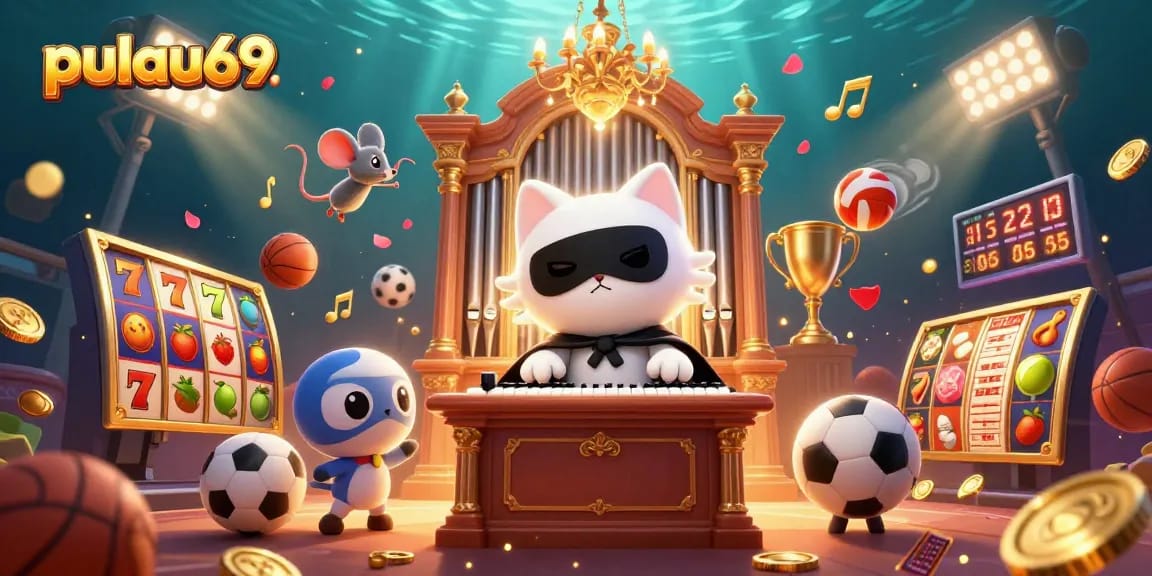 Experience thrilling wins with pulau69 in this dynamic online casino scene featuring a whimsical cat and sports elements.