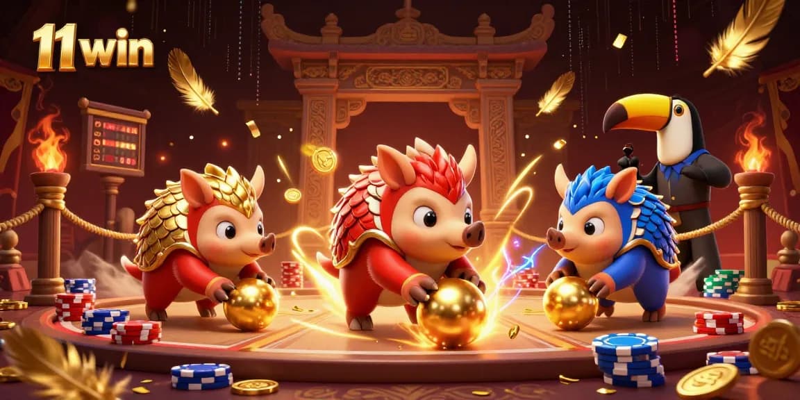 Experience thrilling 11 win action as rival pangolins compete in a vibrant casino arena.