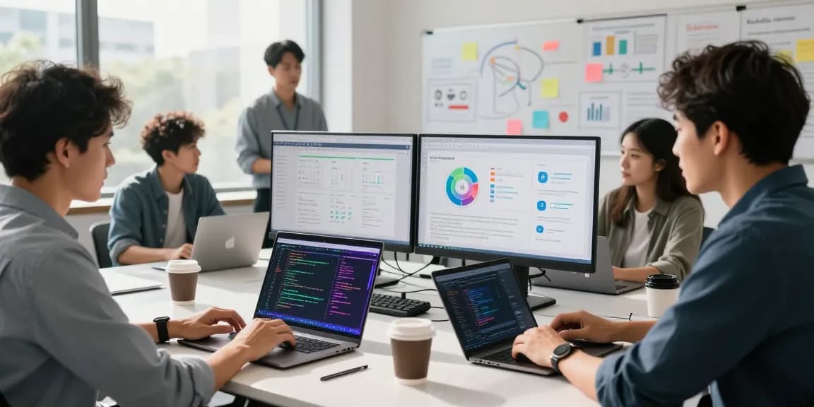 Developers collaborating on AI tools 2026 in a modern tech workspace, showcasing laptops and ideas on a whiteboard.