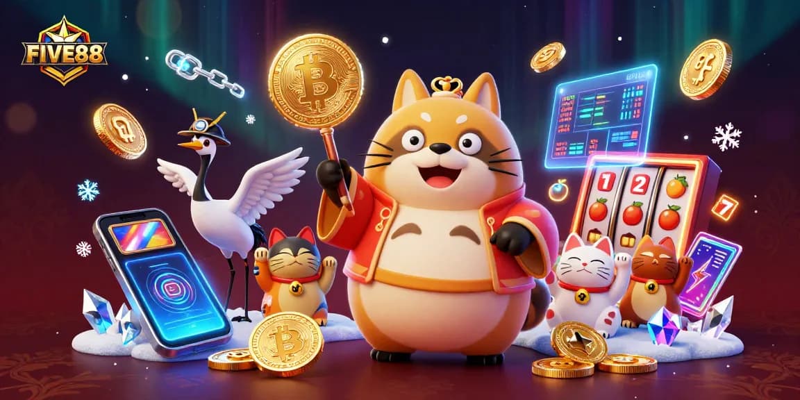 Engage with FIVE88 by winning big in a cheerful casino scene filled with vibrant characters.