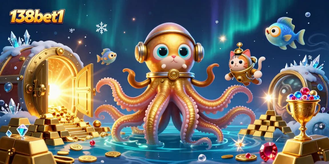 Experience the excitement of 138bet1 with a vibrant underwater scene featuring a kraken, diving cat, and treasure.