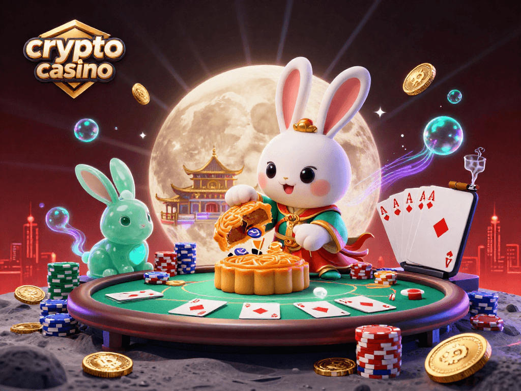 Engage with the vibrant crypto casino scene showcasing a moon rabbit and poker-themed lunar adventure.