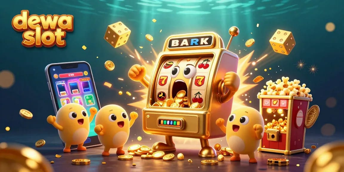 Experience the thrill of dewa slot with a cartoon slot machine hitting the jackpot amid flying coins and symbols.