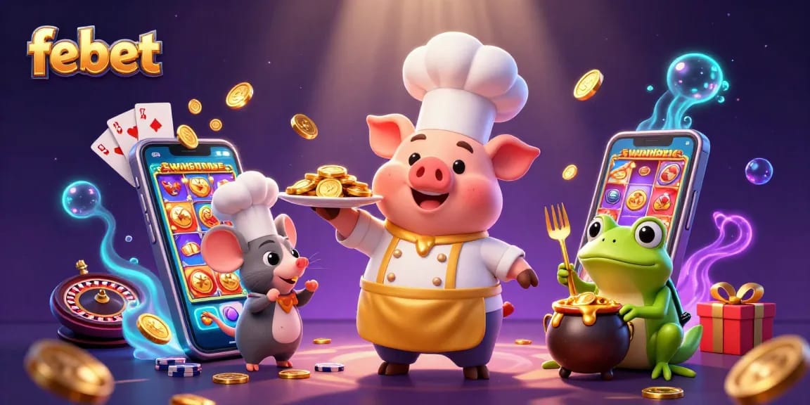 Join febet's vibrant casino world with a chef pig, sous-chef mouse, and critic frog in an action-packed scene.