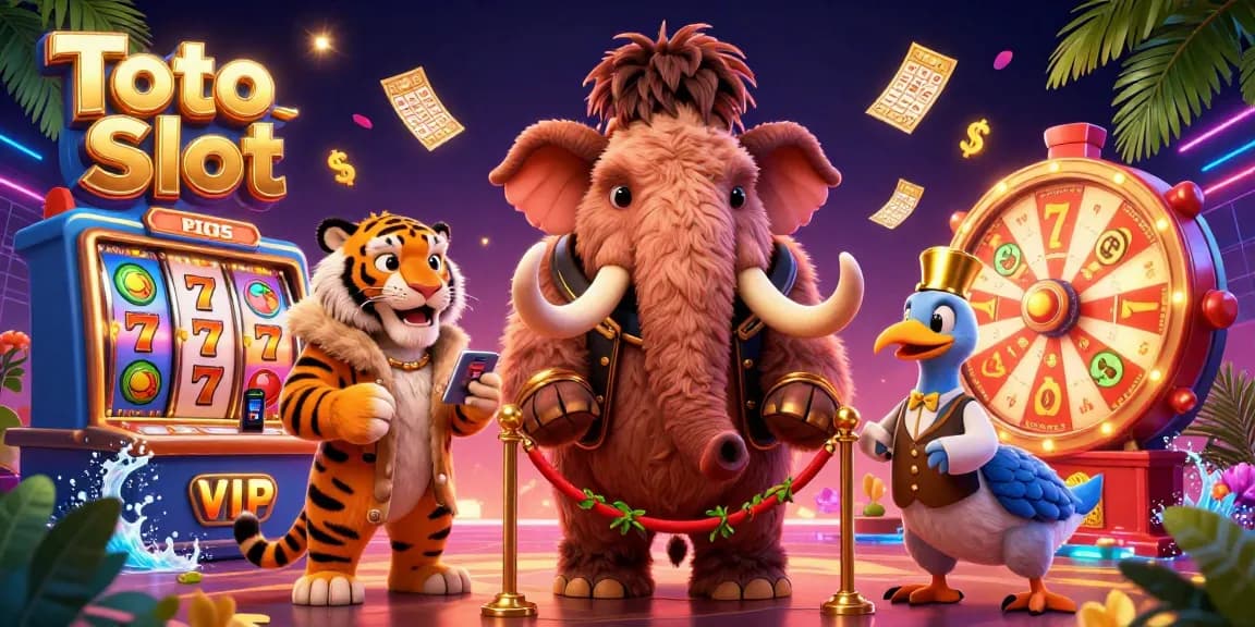 Toto Slot features a lively scene showcasing a woolly mammoth checking IDs at a casino with vibrant slot elements in action.