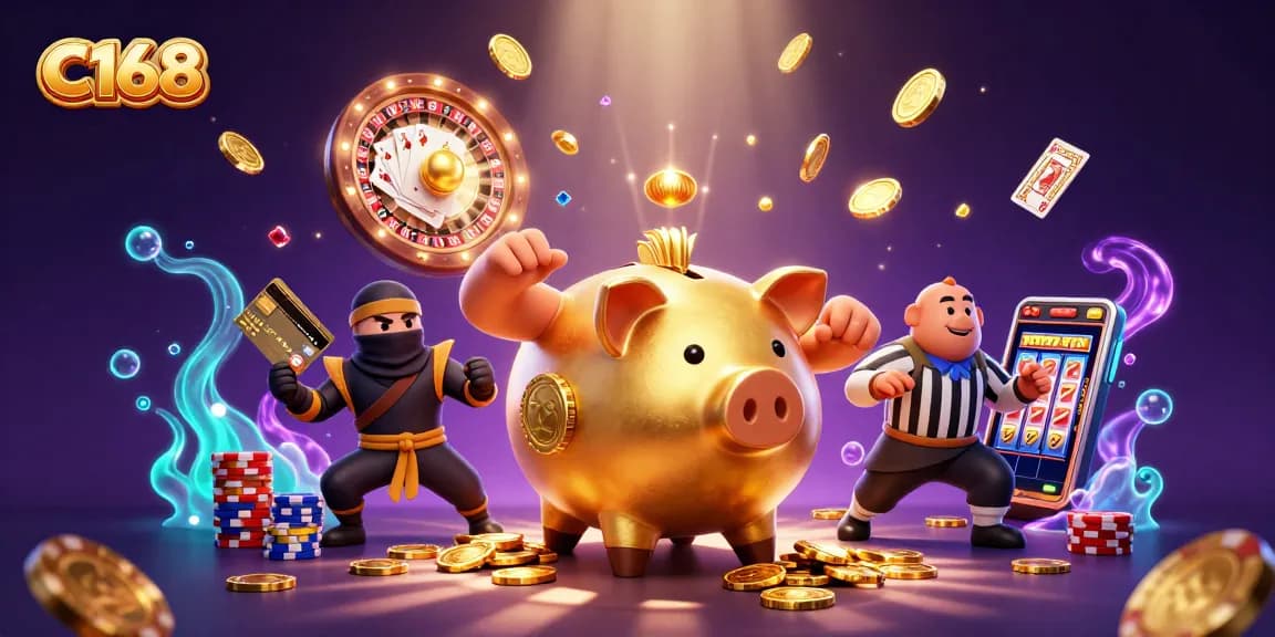 C168 offers a thrilling casino experience with a golden piggy bank sumo wrestler, coins cascading about in a dynamic scene.