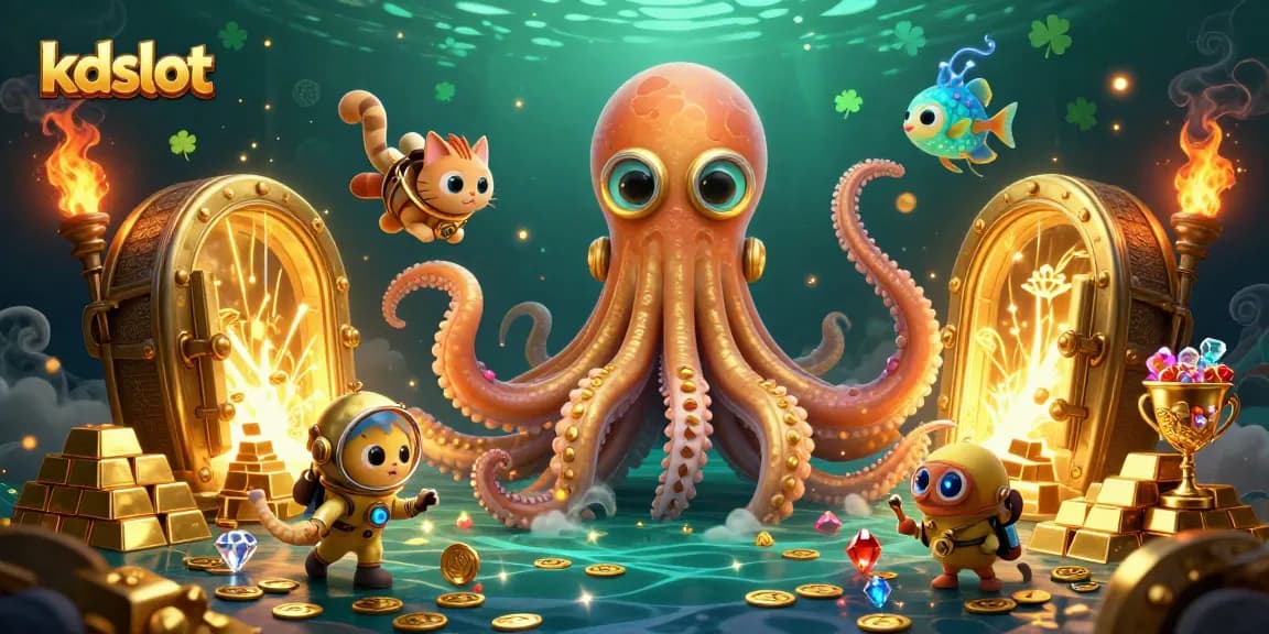 Experience thrilling gameplay with kdslot as a kraken and vintage diving cat explore treasure in a captivating casino world.
