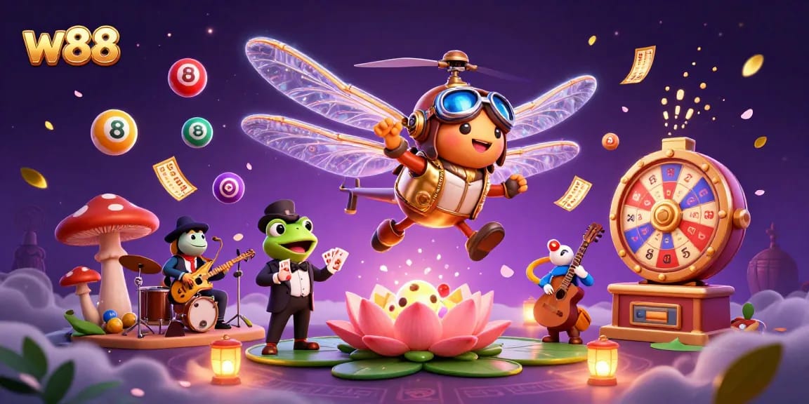 Win big with W88 at this animated casino scene featuring vibrant games and exciting characters.