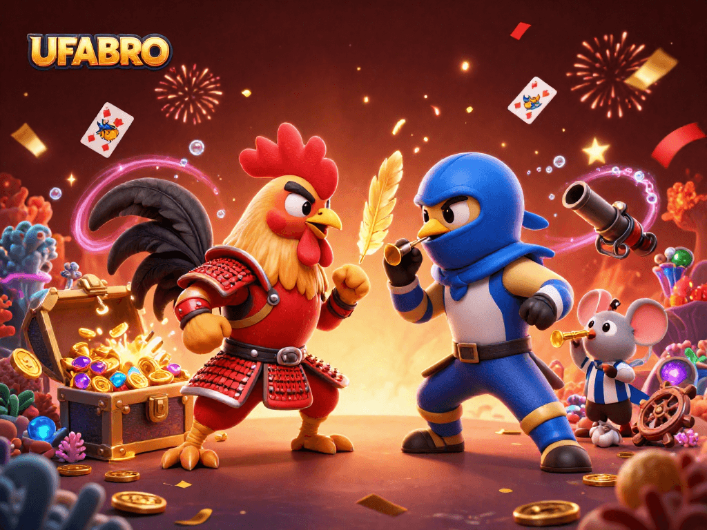 Engage with UFABRO for dynamic online casino action featuring twin roosters in a dramatic standoff.