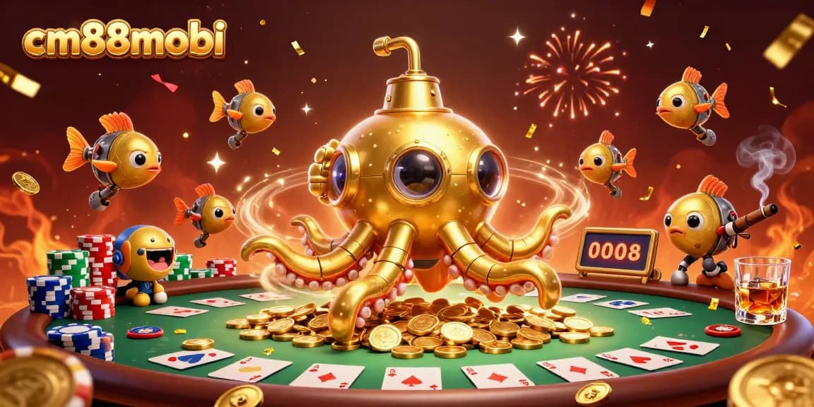 Spin to win at cm88mobi with vibrant casino-themed 3D illustration of kraken and poker elements.