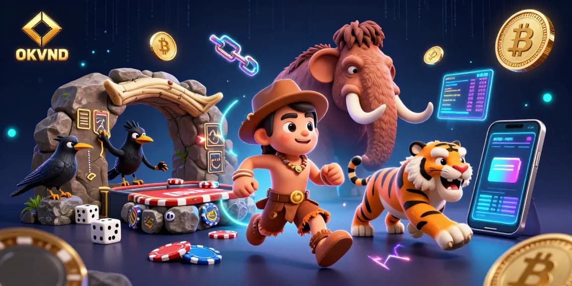 Experience thrilling gameplay with OKVND in a vibrant prehistoric casino scene.