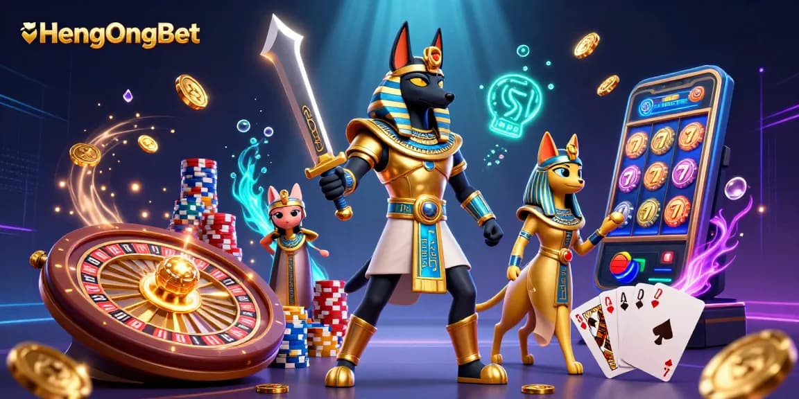 HengOngBet offers exciting gameplay with Anubis and Bastet surrounded by casino elements and dynamic visuals.