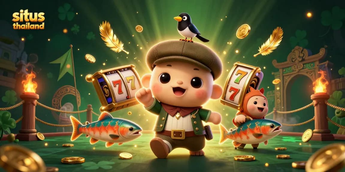 Play slots at situs thailand featuring a cheerful cartoon Nessie and gold-loving magpie in a vibrant casino scene.