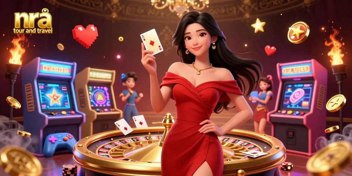 Experience the thrill of nra tour and travel with a beautiful young woman holding a golden playing card in a vibrant casino scene.