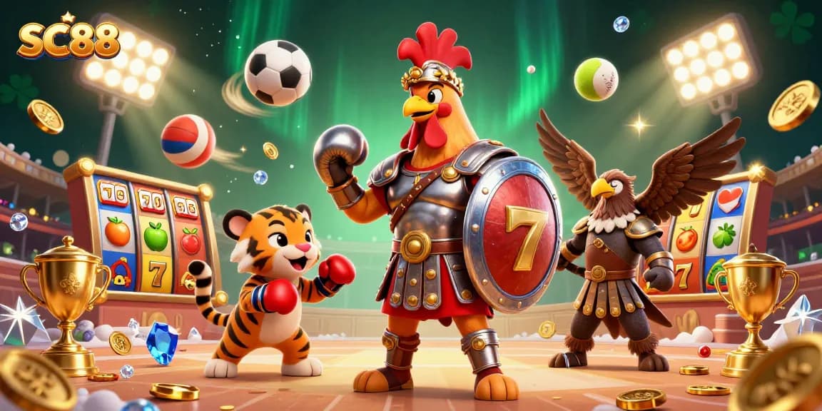 Experience the thrilling world of SC88 with a dynamic 3D casino illustration featuring exciting game elements.