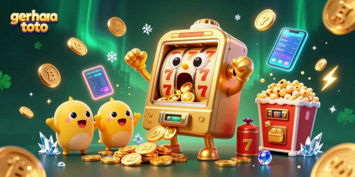 Bermain gerhana toto dengan mesin slot emas yang terkejut saat mendapatkan jackpot, dikelilingi koin dan elemen kasino.