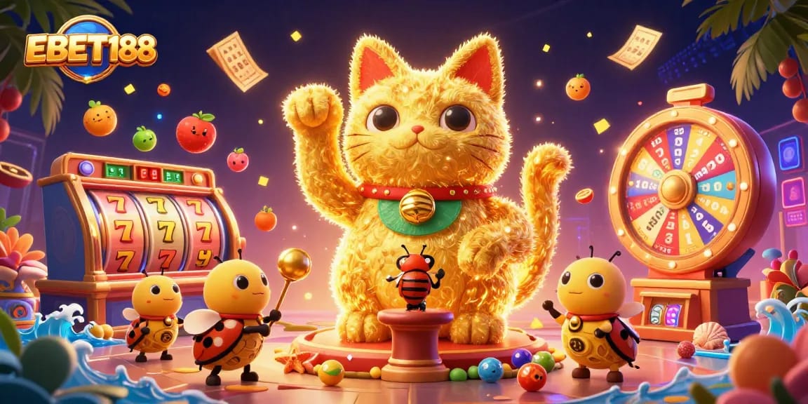 Experience thrilling slots with EBET188 featuring a golden lucky cat and vibrant casino elements.