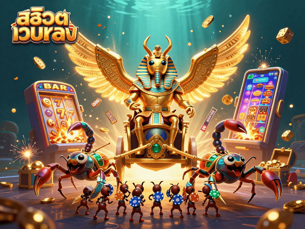 Engage with สล็อตเว็บตรง as a colossal golden scarab beetle leads a jackpot adventure amidst colorful casino elements.