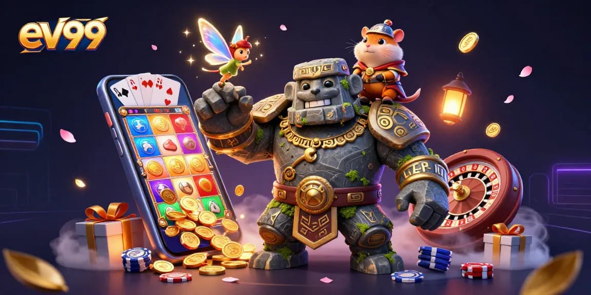 Win big at ev99 with immersive gaming characters amidst vibrant slot game visuals.