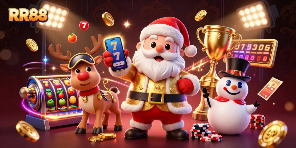 Win big at RR88 with a festive scene featuring Santa, reindeer, and casino elements like slot machines!