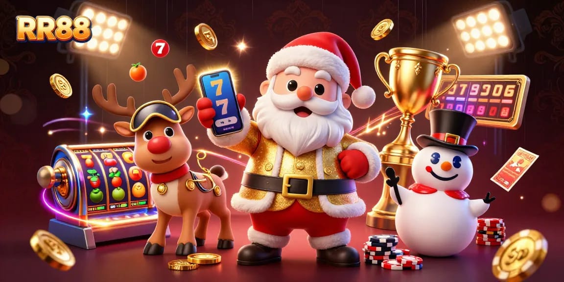 Win big at RR88 with a festive scene featuring Santa, reindeer, and casino elements like slot machines!