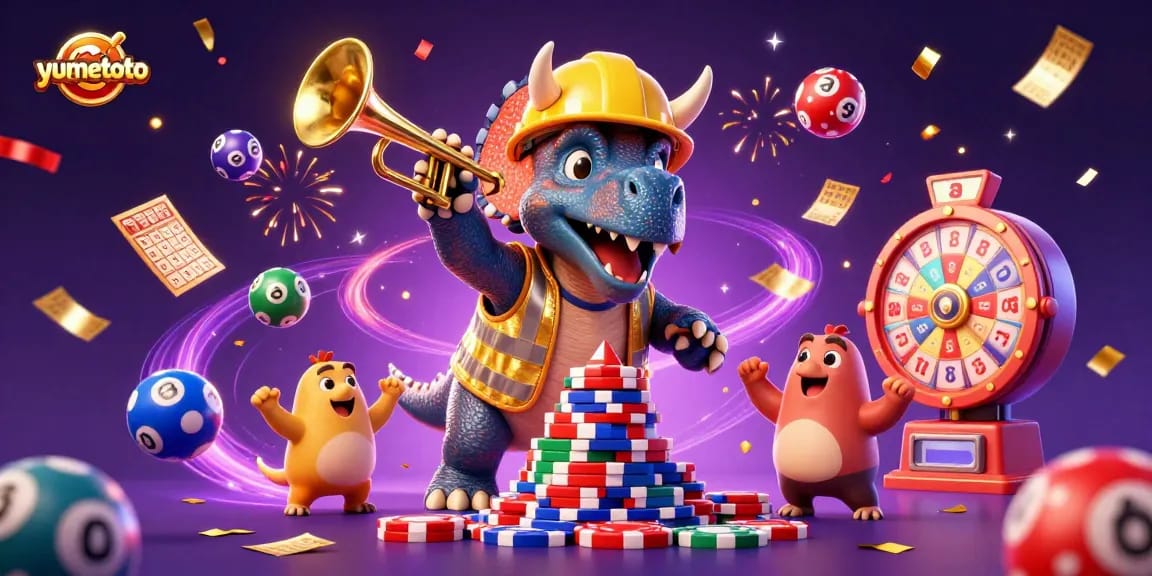 Yumetoto celebrates lottery excitement with dynamic cartoon characters and vibrant game elements.