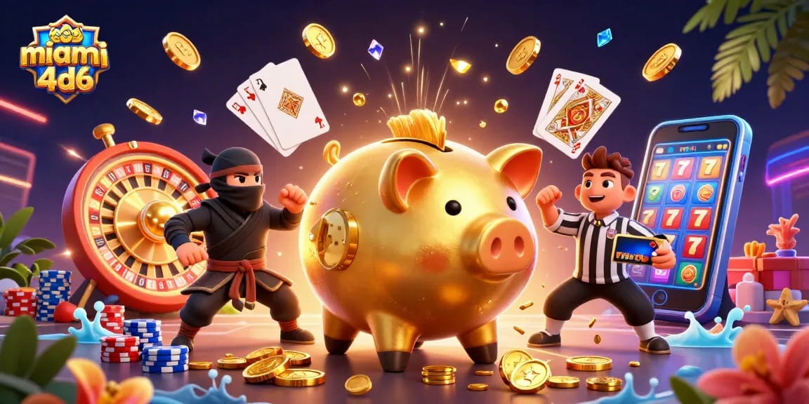 Experience thrilling action with miami4d6's vibrant casino characters competing in a lively game scene.
