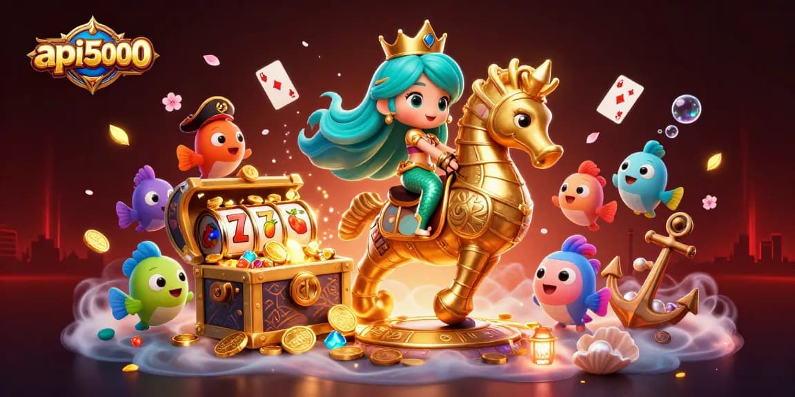 Mengakses permainan api5000 dengan slot penuh simbol buah dan jackpot berkilau di latar belakang putri duyung dan kuda laut.