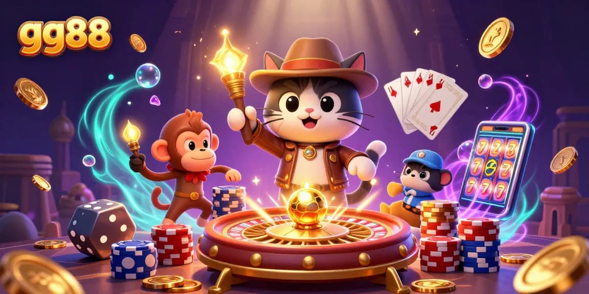 Experience victory with gg88 as a cat explorer uncovers golden casino artifacts in a vibrant temple.