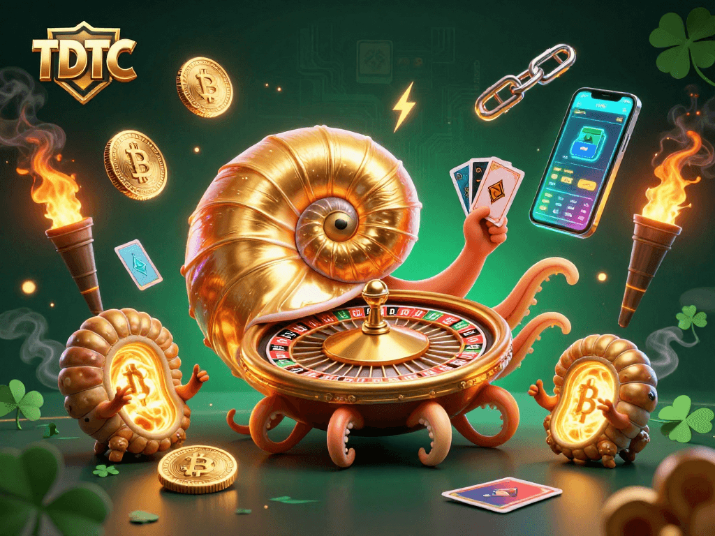 Engage with TDTC through dynamic blockchain elements and glowing 3D casino icons in this vibrant illustration.