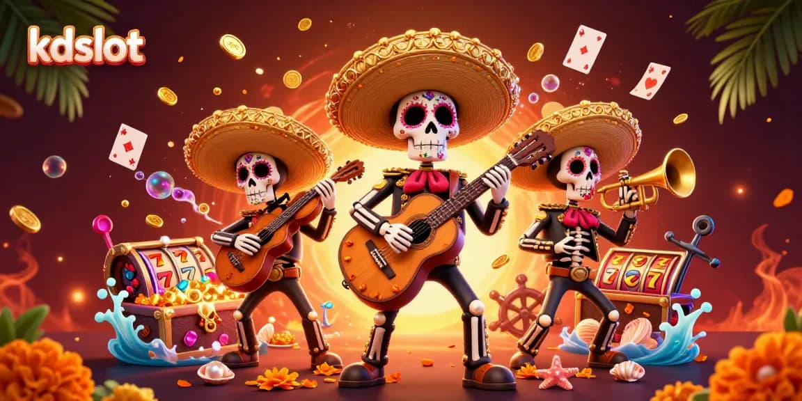 Experience the thrill of kdslot as playful mariachi skeletons celebrate with slot reels and golden treasures.