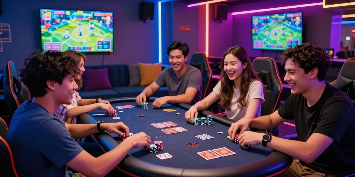 Exciting scene of friends enjoying game bài đổi thưởng at a modern gaming lounge with vibrant lighting.