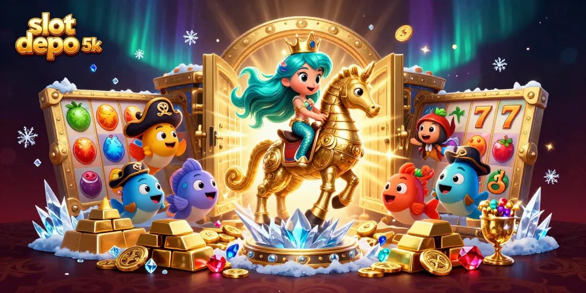 Experience thrilling wins with slot depo 5k's vibrant jackpot features in an enticing 3D scene.