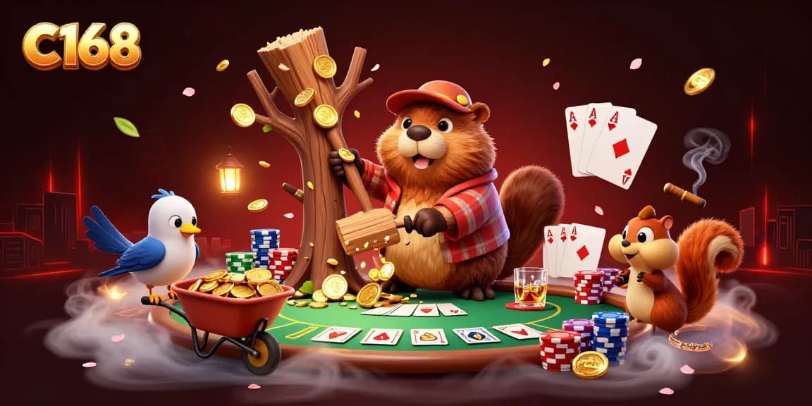 C168 platform showcasing a beaver and friends collecting coins in a casino-themed landscape rich with poker elements.
