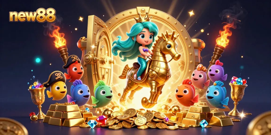 Experience gaming excitement with new88 as a mermaid princess and her seahorse treasure hunt.