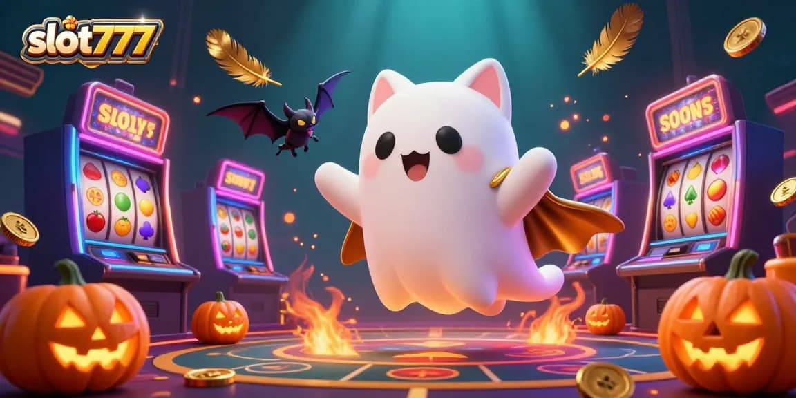 Experience the excitement of slot777 in this vibrant casino scene featuring a ghost cat and jackpot elements.