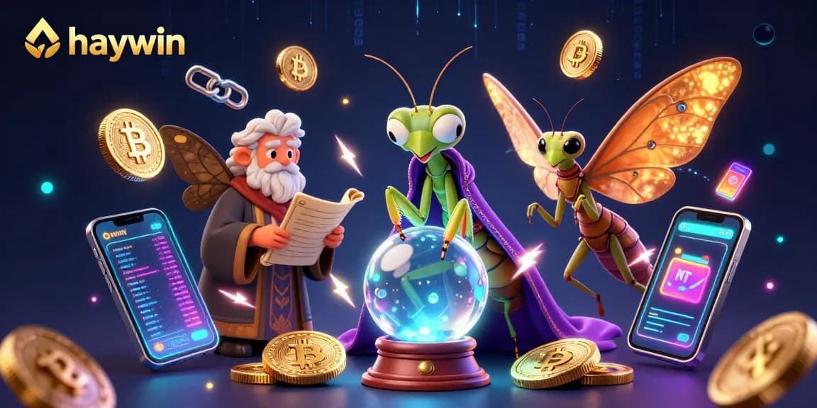 Experience the vibrant world of haywin with an engaging illustration of fortune tellers and crypto elements.