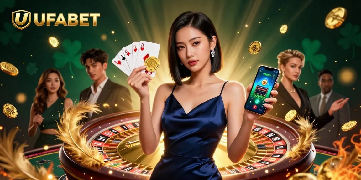 Join the exciting world of UFABET with mobile gaming, golden chips, and vibrant casino elements.