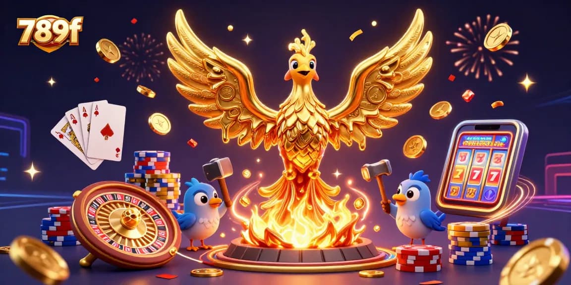 Experience thrilling gaming with 789f's golden phoenix amidst cascading rewards and vivid casino elements.